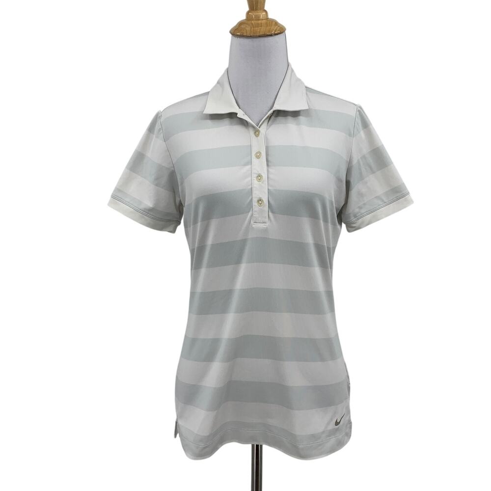 Nike Polo Shirt Womens S Small White Gray Striped Dri Fit Tour Performance Golf